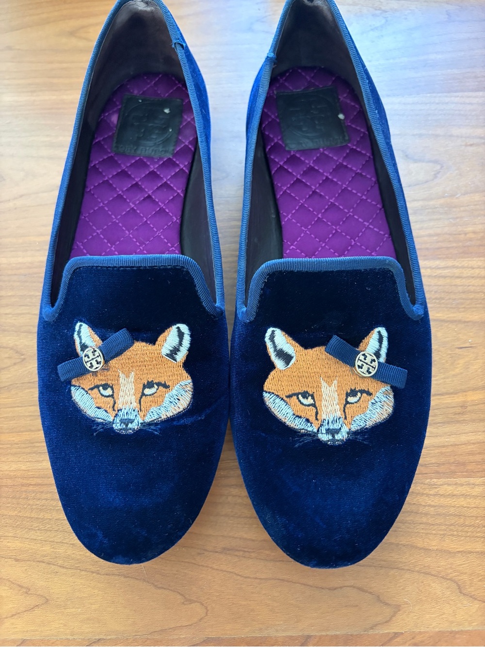 Tory Burch Velvet Navy Fox Embroidered Loafers Size 9.5